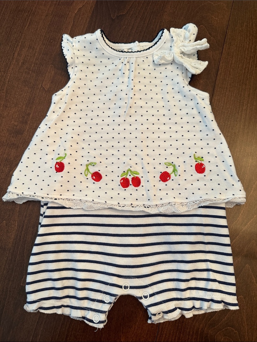 Laura Ashley Baby Girls White & Navy Cherry Polka Dot Romper